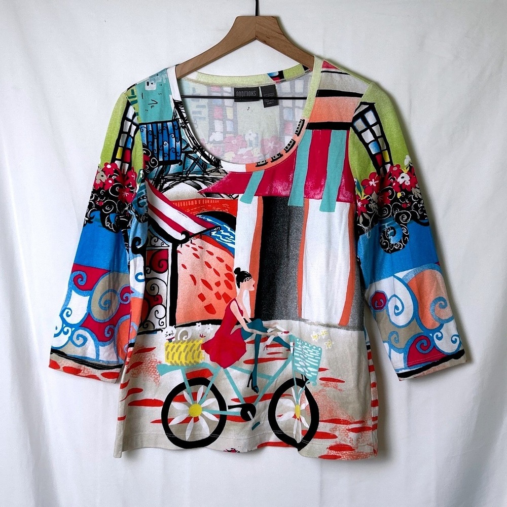 Chicos Additions Womens Novelty Bicycle Print 3/4 Sleeve Top Size 1/M Multicolor